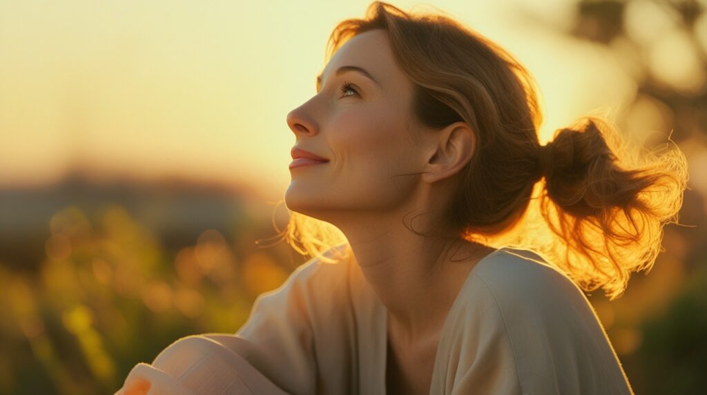 oração de proteção contra inveja. Mulher olhando para o céu ao pôr do sol com expressão de paz.