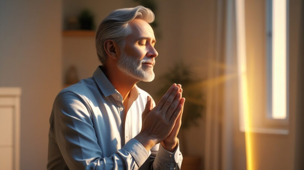 Homem cristão ajoelhado em oração, intercedendo espiritualmente pela família.