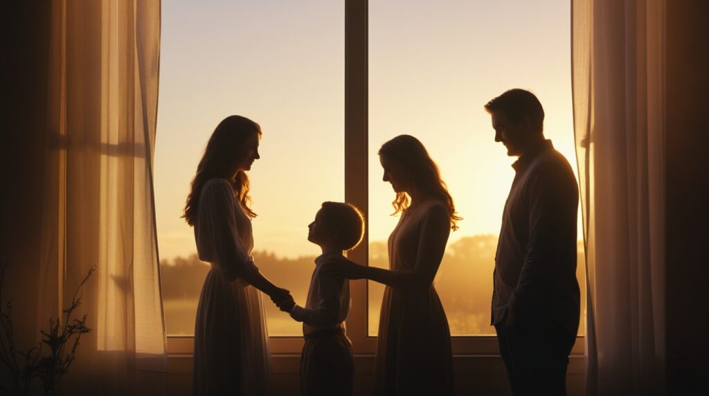 Família observando o nascer do sol pela janela, simbolizando esperança no Ano Novo.