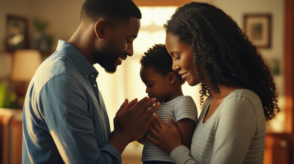 Pais cristãos orando e abençoando espiritualmente seu filho em casa.