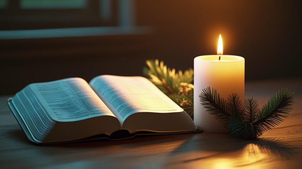 Vela acesa ao lado de uma Bíblia, simbolizando fé, oração e encerramento espiritual.
