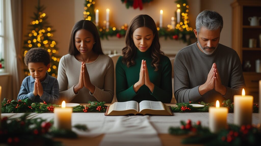 oração para agradecer pelo natal. Família cristã reunida em oração na noite de Natal, em ambiente acolhedor e iluminado.
