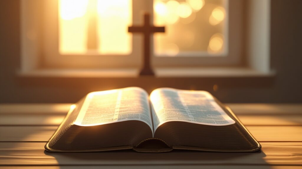 oração para agradecer pelo natal. Bíblia aberta iluminada por luz suave, representando reflexão e fé no Natal cristão.