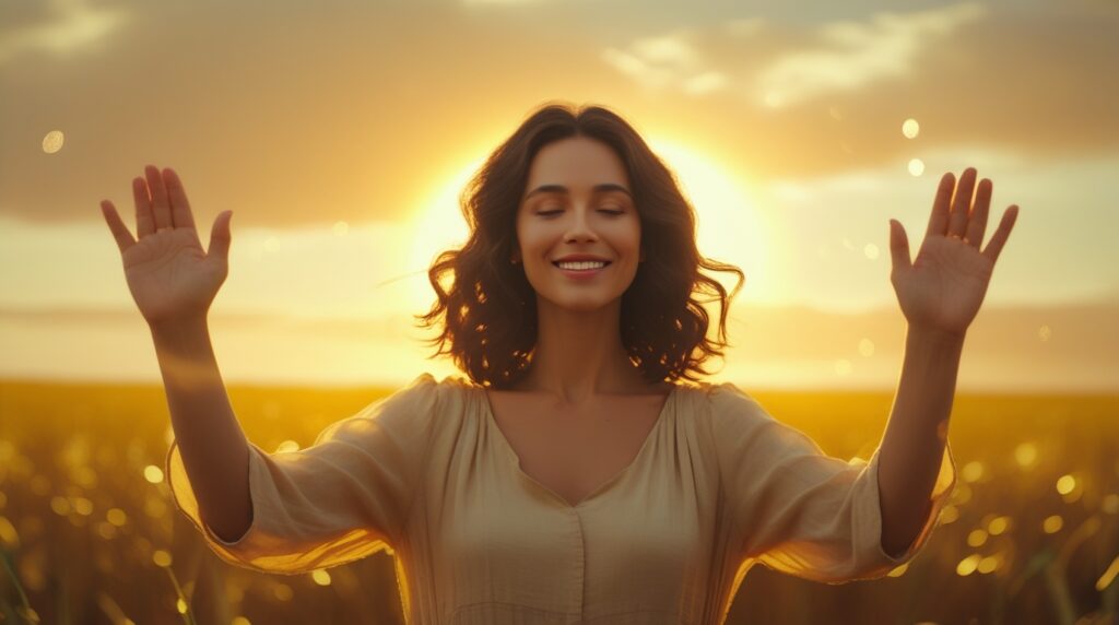 oração para prosperidade e gratidão. Pessoa diante do amanhecer com mãos erguidas em sinal de gratidão e confiança.