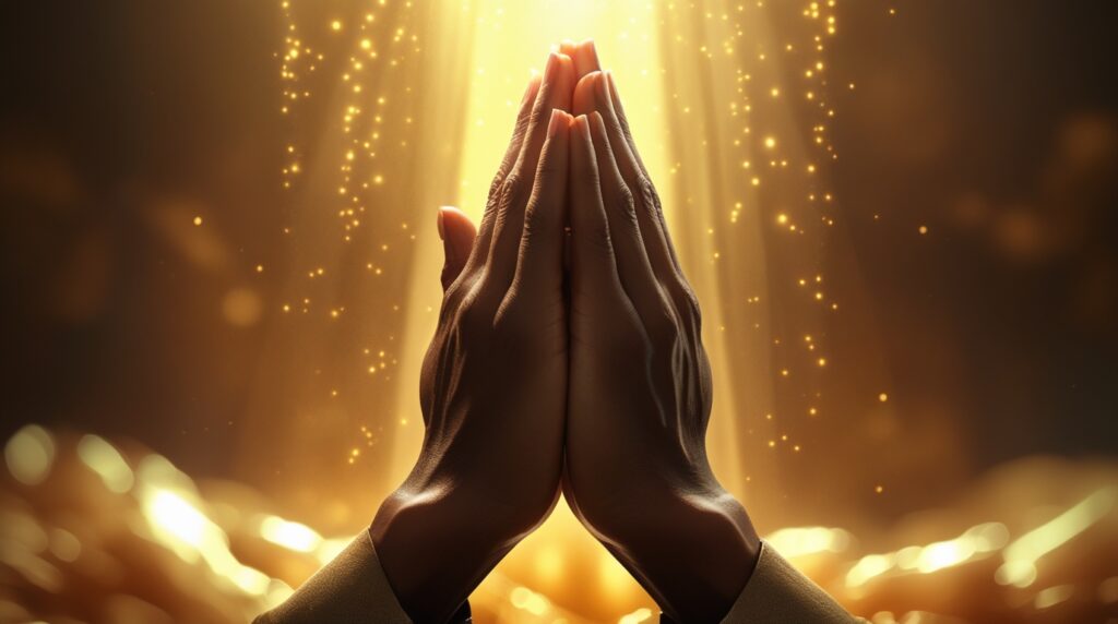 Close-up de mãos unidas em oração com luz dourada.