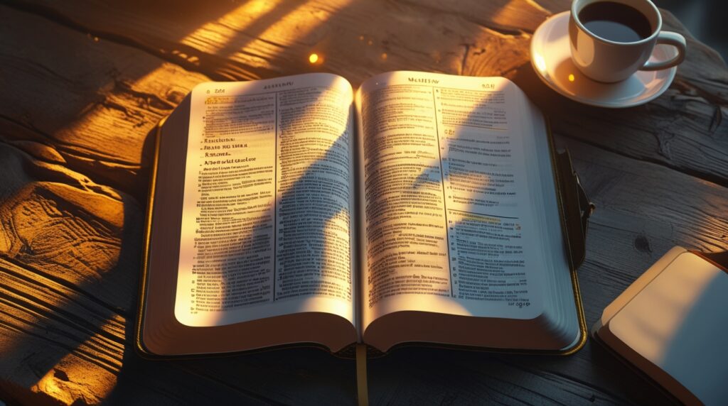 oração para prosperidade e gratidão. Bíblia aberta com luz dourada incidindo sobre as Escrituras.