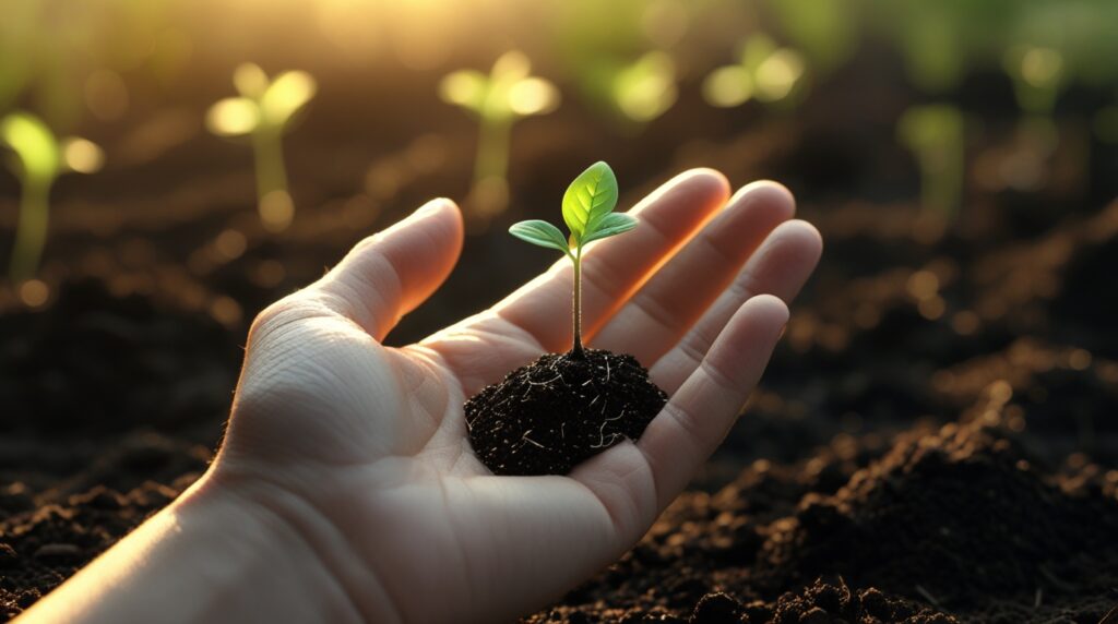 Mão segurando uma pequena semente sob luz dourada.
