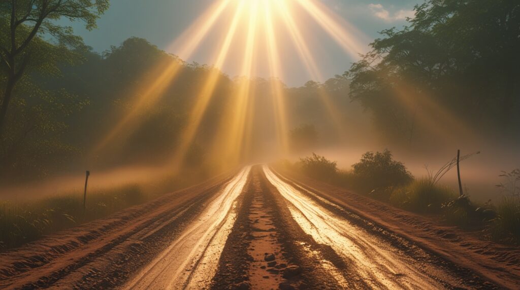 Estrada iluminada por luz dourada simbolizando direção divina.