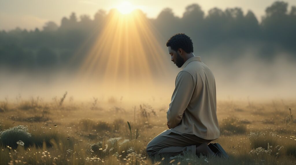 oração de cura. Homem ajoelhado em oração ao amanhecer com luz dourada sobre ele.