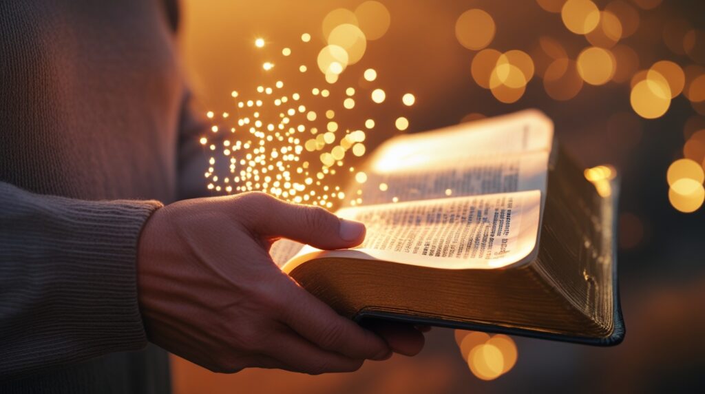 oração de cura. Mãos segurando uma Bíblia aberta com luz dourada suave.
