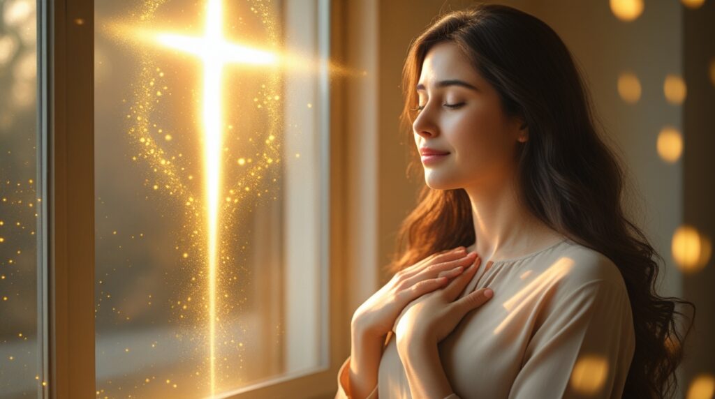 oração de cura. Mulher em oração recebendo um feixe de luz dourada sobre o peito.