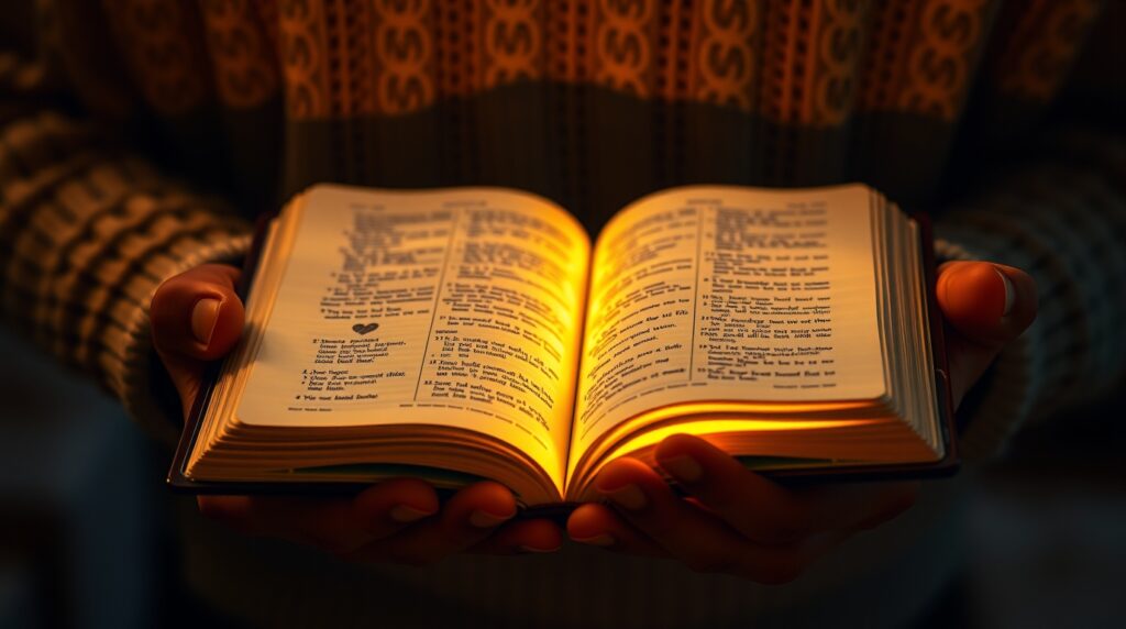 oração de cura. Mãos segurando uma Bíblia aberta com luz dourada suave.