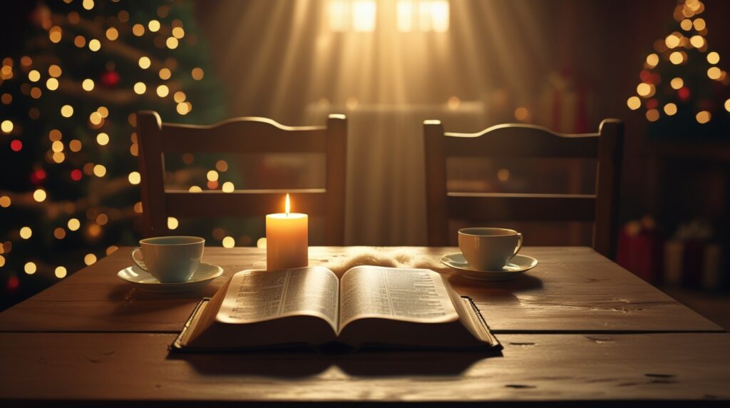 oração de natal. Mesa simples com Bíblia aberta e vela acesa simbolizando uma conversa íntima com Deus no Natal.