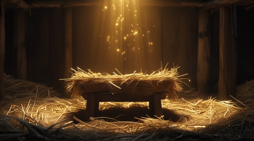 Manjedoura iluminada simbolizando o nascimento de Jesus e a esperança do Natal.