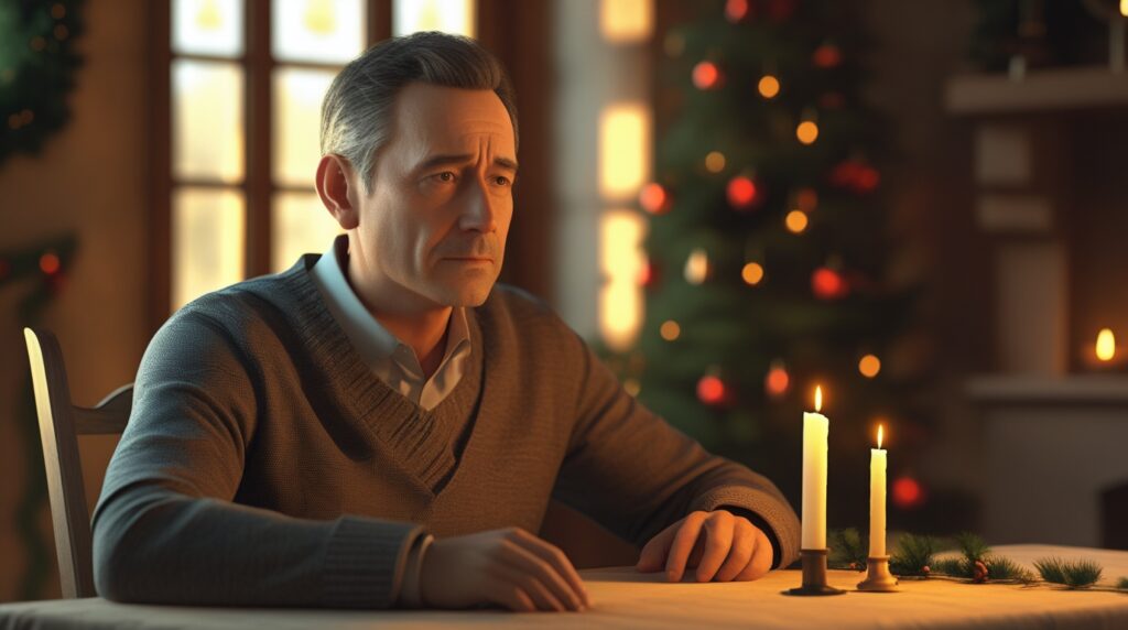 Homem refletindo diante de uma cadeira vazia à mesa no Natal.