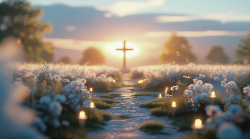 Caminho iluminado ao amanhecer com cruz ao fundo simbolizando esperança cristã.