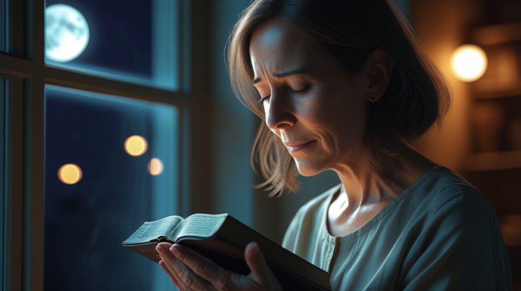 oração de natal. Mulher em oração segurando uma Bíblia perto da janela na noite de Natal.