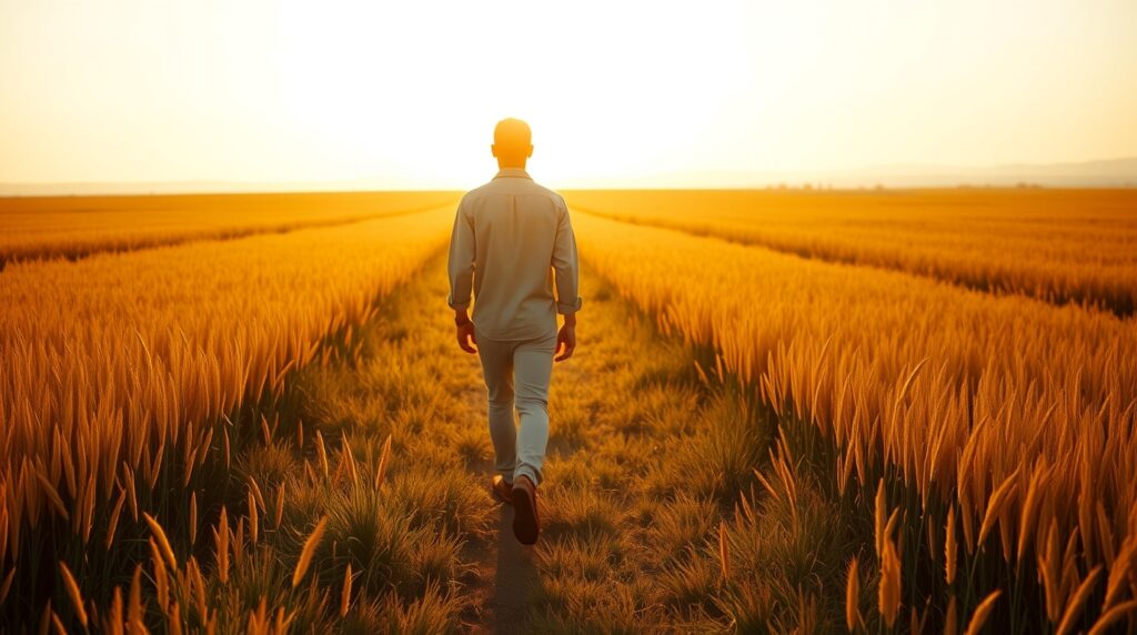 Oração para Proteção e Libertação 🙏✨ — Um Clamor Poderoso para Afastar Todo Mal🙏 Pessoa caminhando em um campo iluminado pela luz dourada do amanhecer.