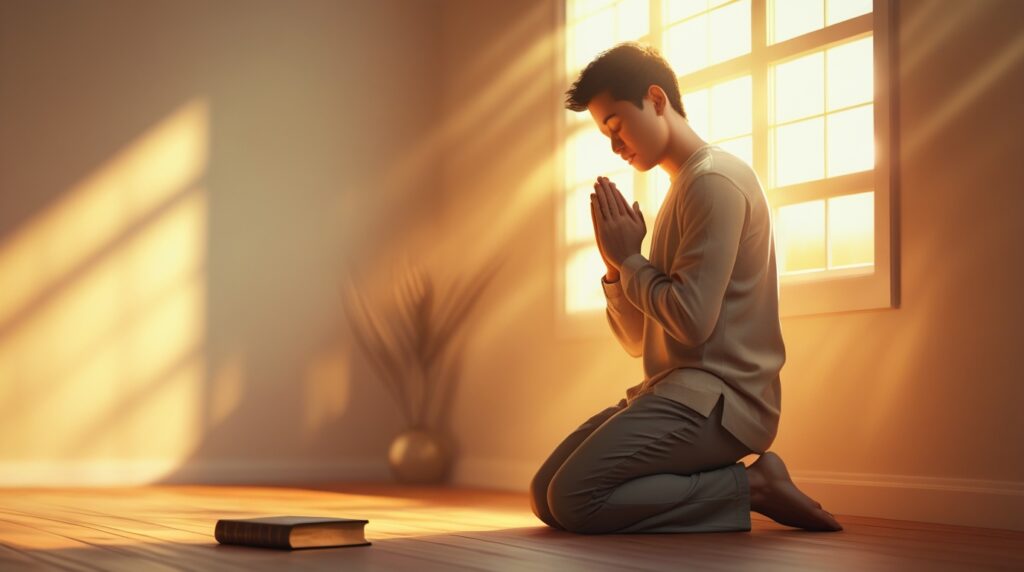 Oração para Proteção e Libertação 🙏✨ — Um Clamor Poderoso para Afastar Todo Mal🙏 oração para proteção e libertação. Pessoa ajoelhada em oração iluminada por luz dourada entrando pela janela.