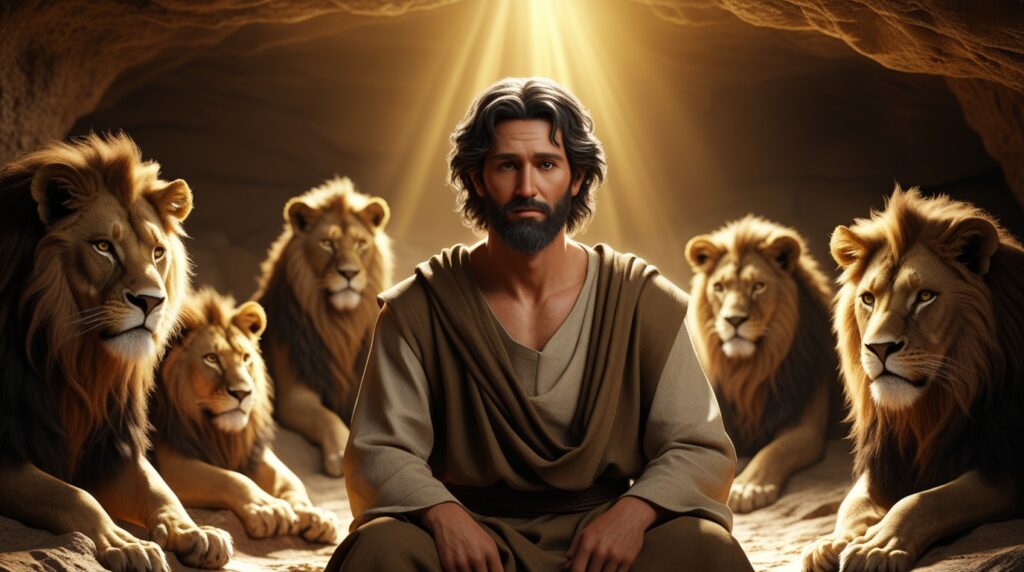 Oração para Proteção e Libertação 🙏✨ — Um Clamor Poderoso para Afastar Todo Mal🙏 Representação realista de Daniel na cova dos leões recebendo luz divina.