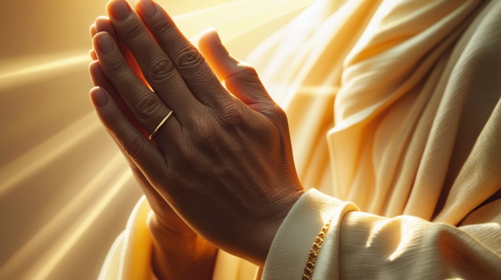 Mãos unidas em oração com luz suave iluminando por cima.