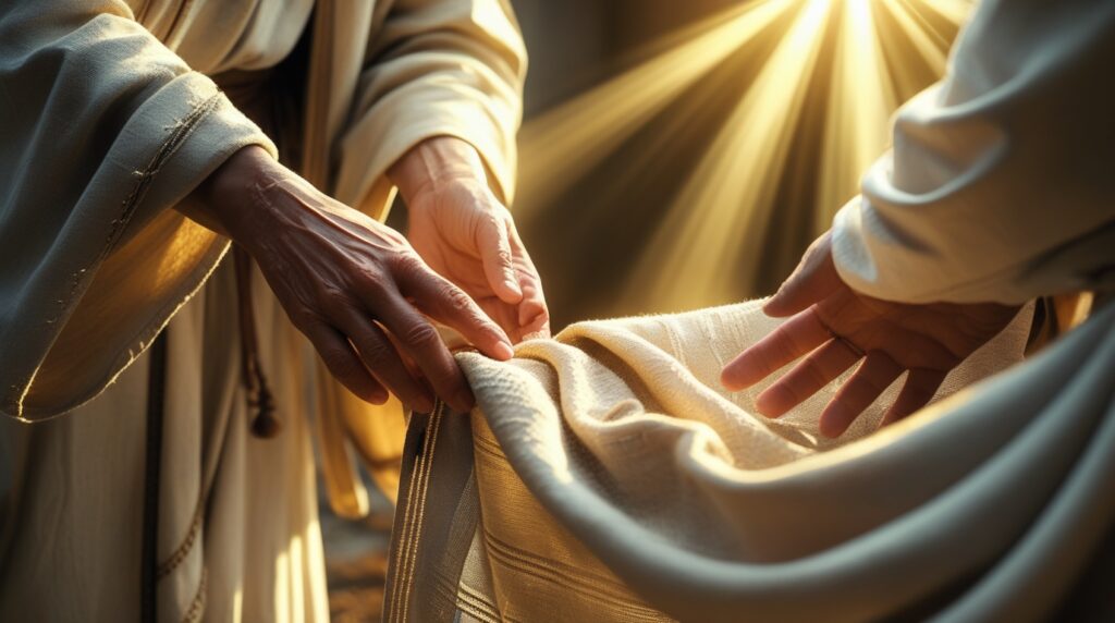 Mulher bíblica tocando a orla das vestes de Jesus em gesto de fé.