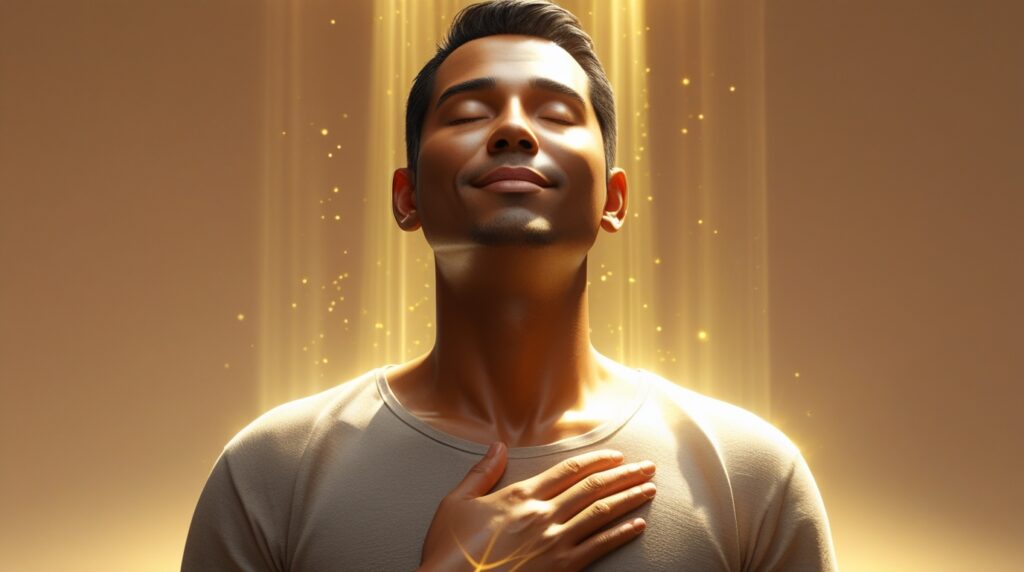 Homem com a mão sobre o coração recebendo luz suave simbolizando cura divina.