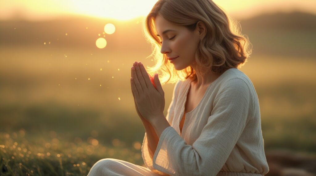 oração poderosa de cura. Mulher orando ao amanhecer com luz dourada refletindo no rosto.
