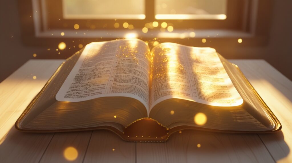 oração poderosa de cura. Bíblia aberta iluminada por um feixe de luz dourada entrando pela janela.