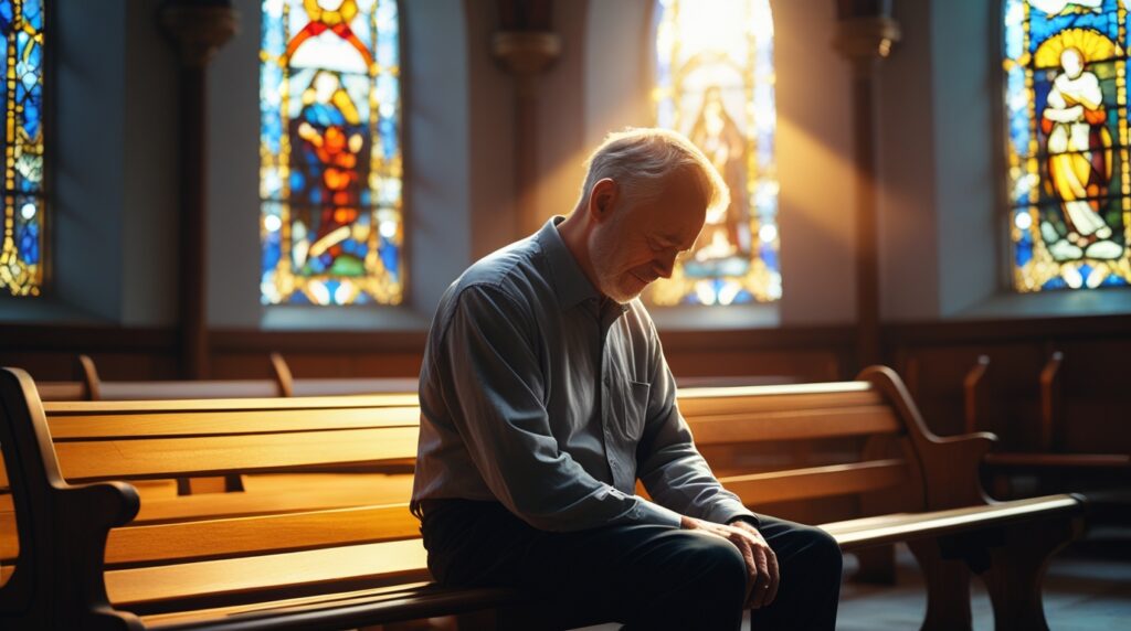 Homem orando sozinho em uma igreja iluminada por vitrais, representando consolo espiritual. palavras de fé 