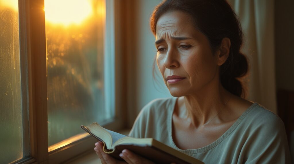 palavras de fé. Mulher segurando a Bíblia junto ao peito, iluminada pela luz do amanhecer, em momento de fé e reflexão.