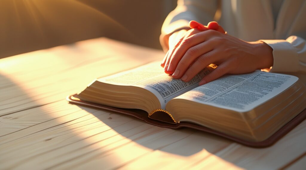 palavras de fé. Bíblia aberta com mãos em oração, iluminadas por luz suave, representando fé e esperança.