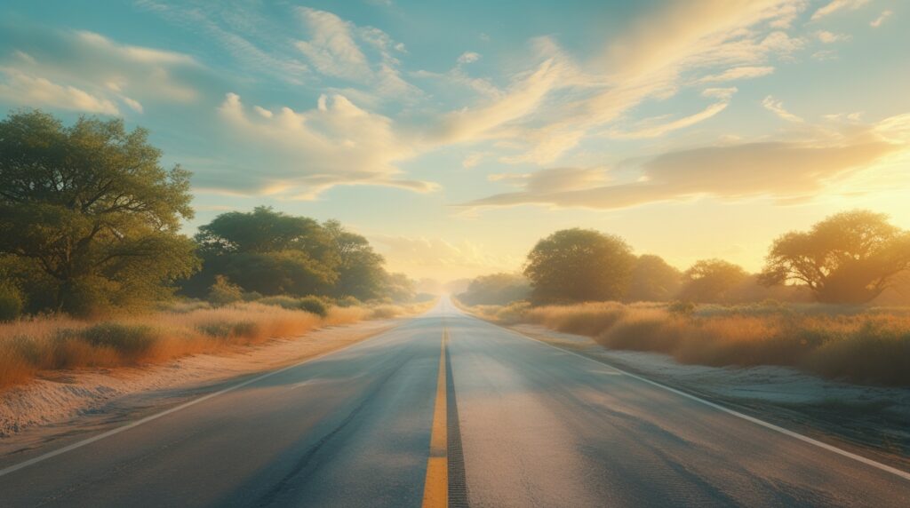 Estrada vazia ao amanhecer com luz suave, simbolizando esperança e novos começos.
