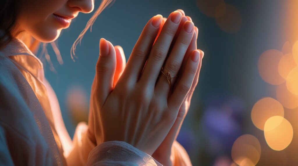 Mãos em oração com lágrimas discretas, simbolizando entrega e confiança em Deus.