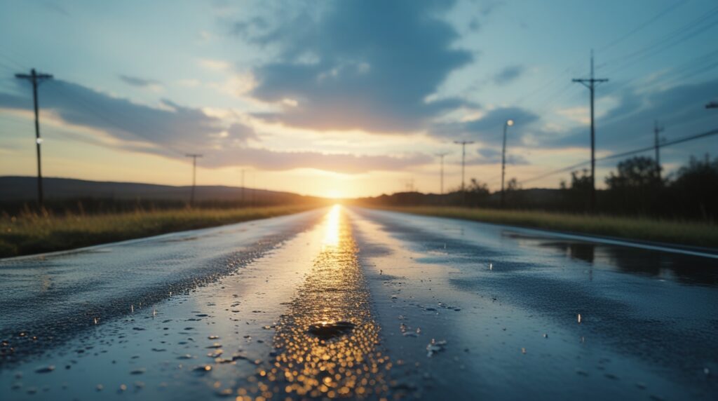 Estrada iluminada após a chuva simbolizando esperança e novos caminhos em Deus.