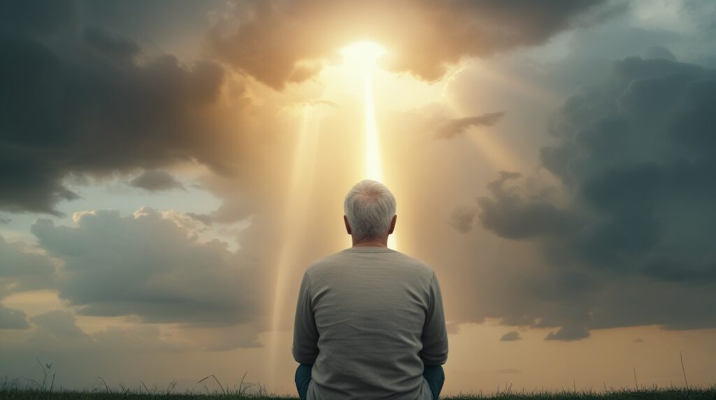 esperança em meio ao caos. Pessoa sentada após tempestade observando feixe de luz dourada no céu, simbolizando esperança em meio ao caos.