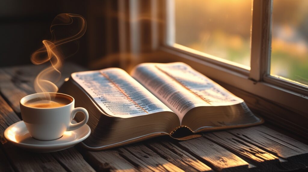 Bíblia aberta iluminada pela luz da manhã, simbolizando fé e esperança em meio às dificuldades.