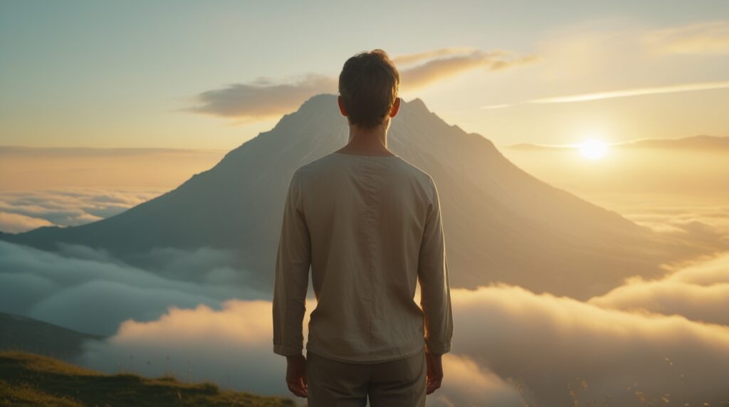 ❤️A Força da Fé Que Move Montanhas e Transforma o Impossível em Milagre✨🙏 fé que move montanhas. Pessoa observa montanha ao amanhecer com luz dourada simbolizando fé e esperança em Deus.