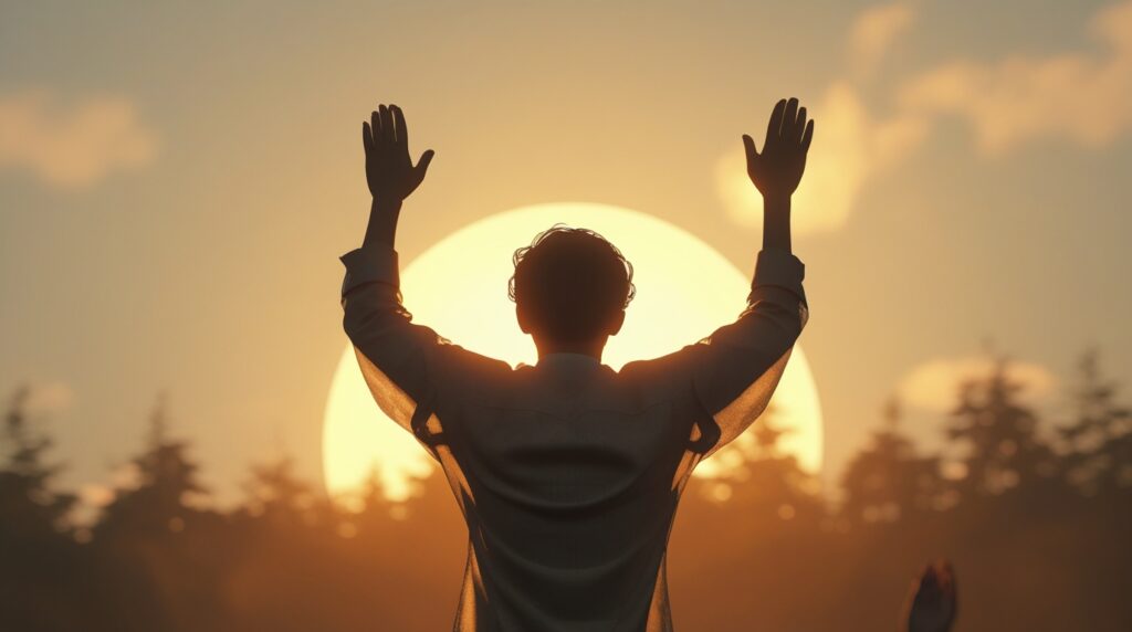 ❤️A Força da Fé Que Move Montanhas e Transforma o Impossível em Milagre✨🙏 Pessoa com braços erguidos diante da luz simbolizando fé e gratidão a Deus.