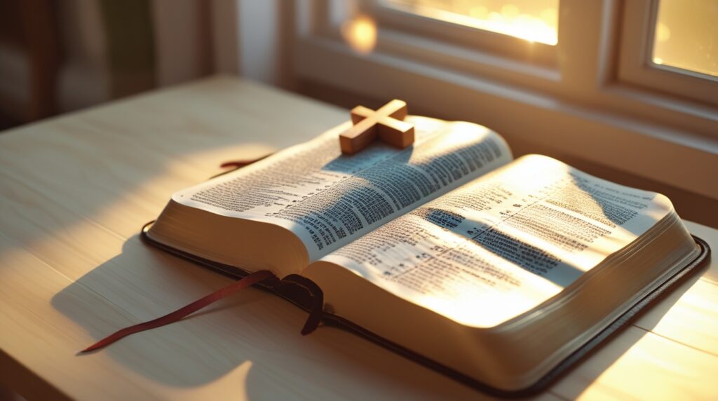 quando deus te levanta da queda. Bíblia aberta iluminada pela luz do sol, representando esperança e direção espiritual.