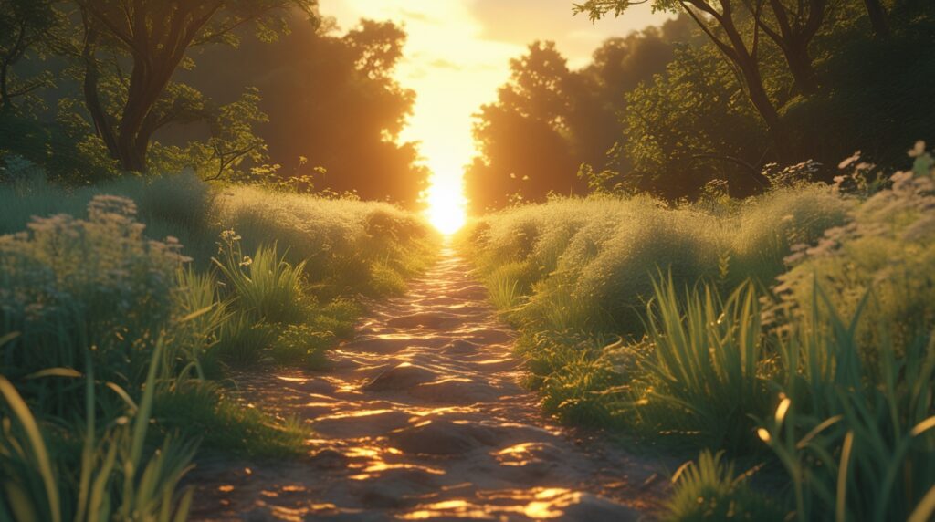 quando deus te levanta da queda. Caminho iluminado na natureza simbolizando esperança e recomeço com Deus.