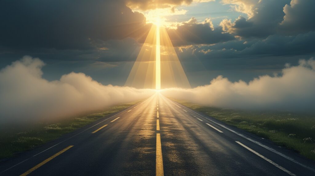 para recomeçar. Estrada saindo da escuridão para a luz, simbolizando transformação e recomeço com Deus.