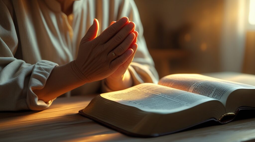para recomeçar. Pessoa em oração com Bíblia aberta, simbolizando entrega e recomeço espiritual.