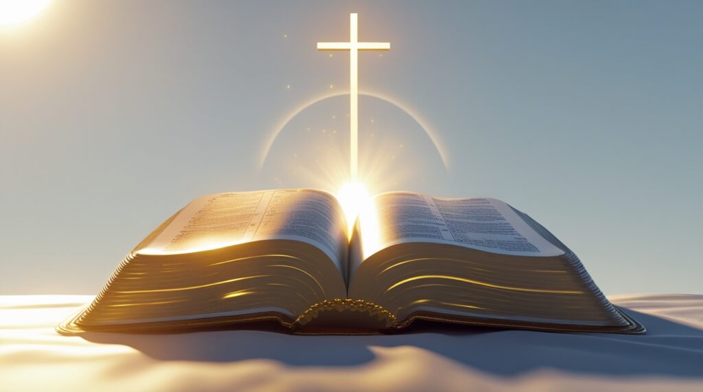 para recomeçar. Bíblia aberta iluminada por luz suave, simbolizando esperança e promessa divina.