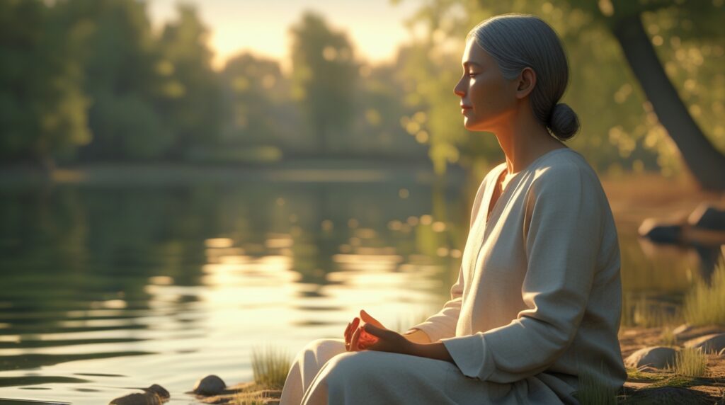 para recomeçar. Pessoa em paz à beira de um lago, simbolizando restauração e novo começo com Deus.